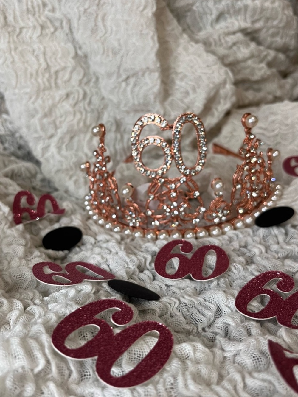 Rose Gold '60' Rhinestone Pearl Tiara Crown